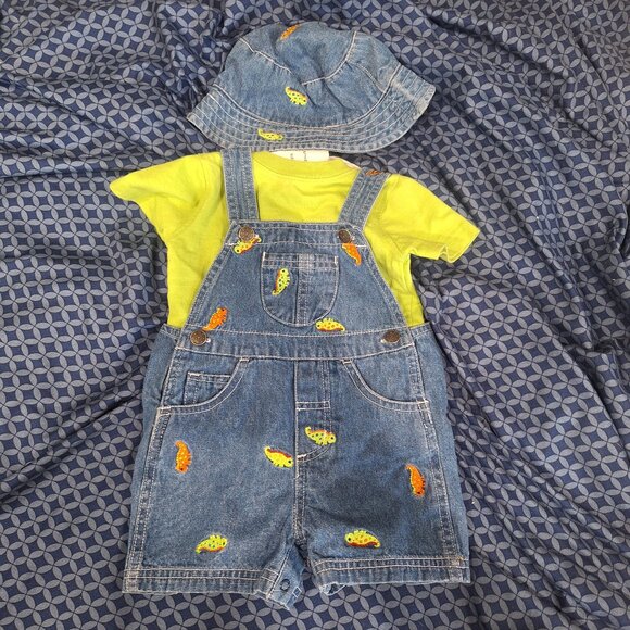 denim overalls and hat with green shirt 6 to 9 months - Picture 1 of 8